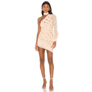 Camila Coelho Revolve Milena Asymmetrical Mini Dress in Blush Gold Polka Dot